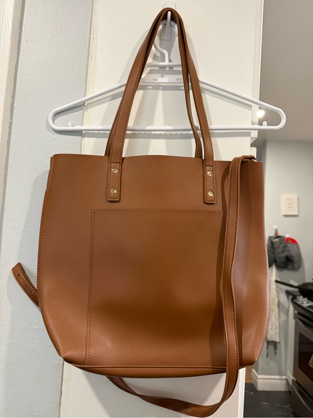 Tan Leather Tote with Front Pocket